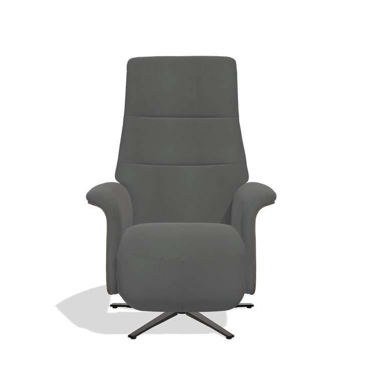 Recliner Atlas 6685 in Leather B502 (dark grey), walnut wood side panels, black metal base, front view