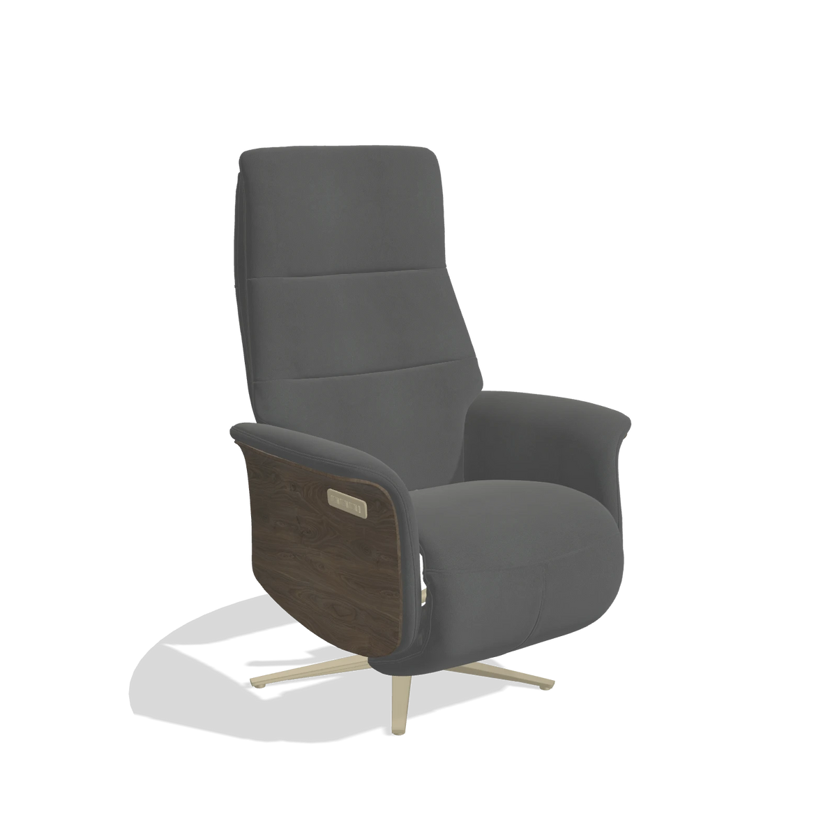 Recliner Atlas 6685 in Leather B502 (dark grey), walnut wood side panels, champagne metal base, angled view
