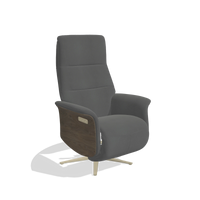 Recliner Atlas 6685 in Leather B502 (dark grey), walnut wood side panels, champagne metal base, angled view