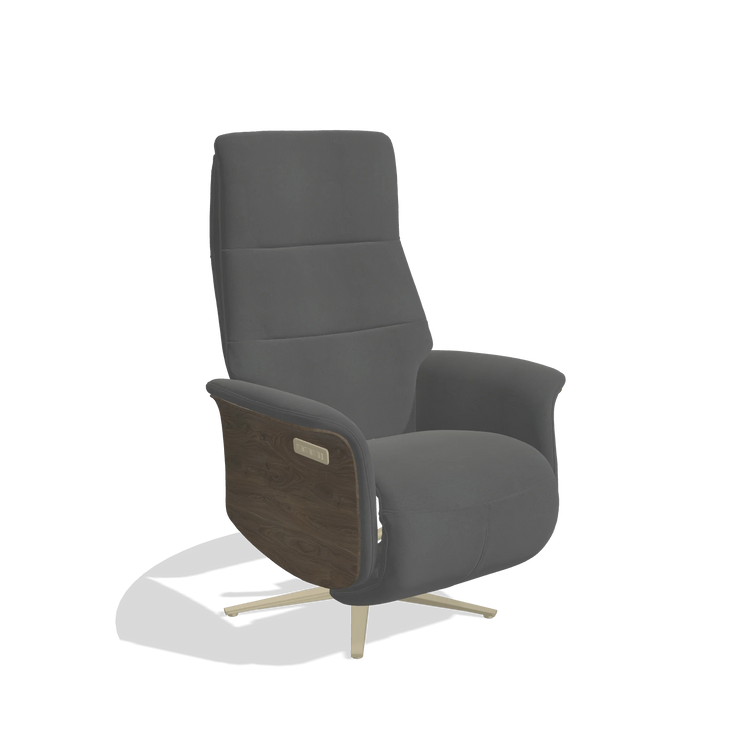 Recliner Atlas 6685 in Leather B502 (dark grey), walnut wood side panels, champagne metal base, angled view