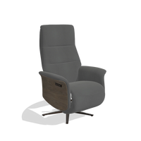Recliner Atlas 6685 in Leather B502 (dark grey), walnut wood side panels, espresso metal base, angled view