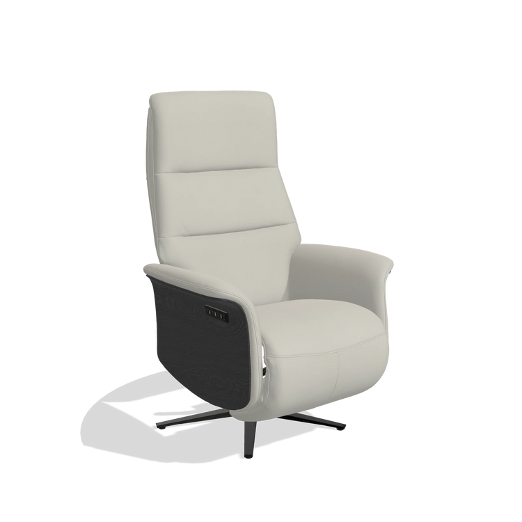 Recliner Atlas 6685 in Leather B506 (light grey), black wood side panels, black metal base, angled view