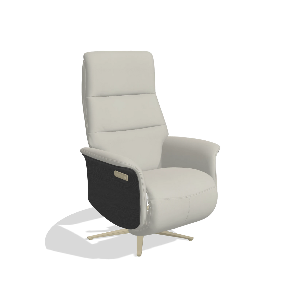Recliner Atlas 6685 in Leather B506 (light grey), black wood side panels, champagne metal base, angled view