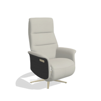 Recliner Atlas 6685 in Leather B506 (light grey), black wood side panels, champagne metal base, angled view