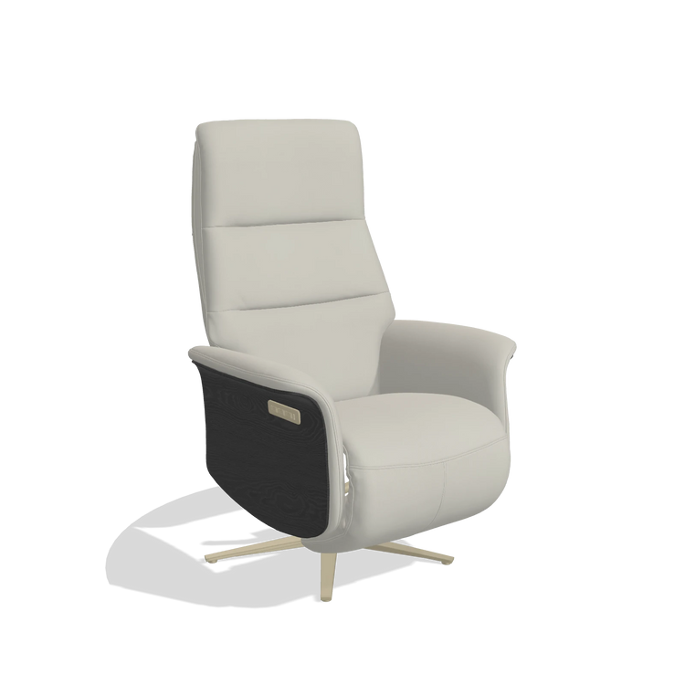 Recliner Atlas 6685 in Leather B506 (light grey), black wood side panels, champagne metal base, angled view