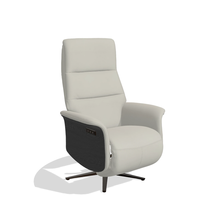 Recliner Atlas 6685 in Leather B506 (light grey), black wood side panels, espresso metal base, angled view