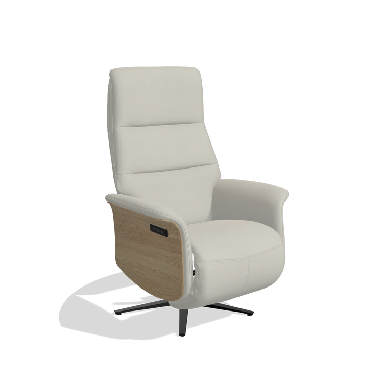 Recliner Atlas 6685 in Leather B506 (light grey), natural wood side panels, black metal base, angled view