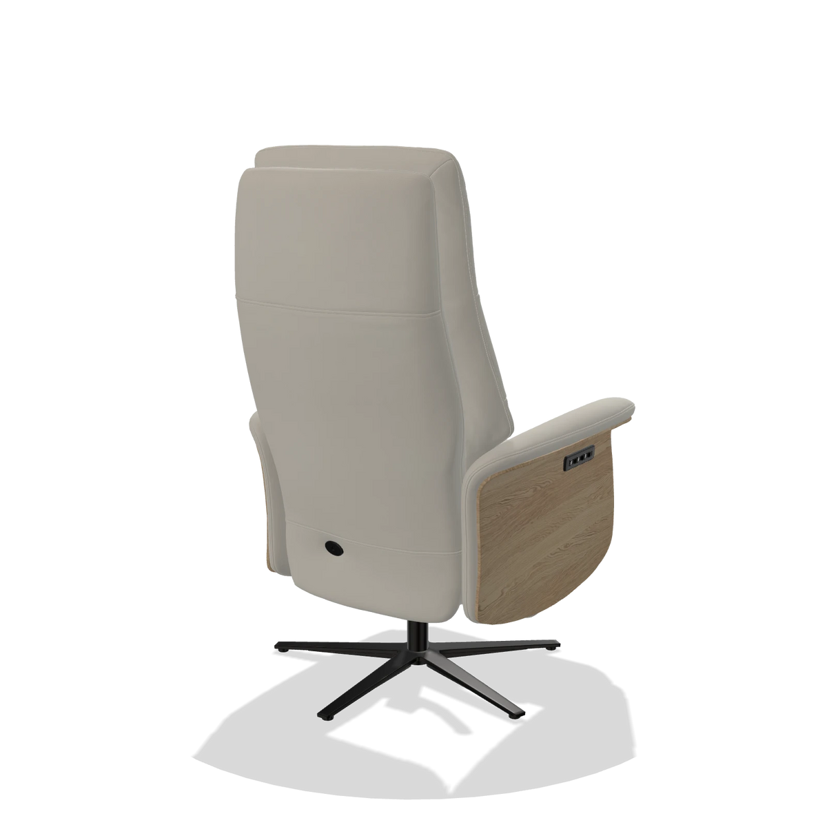 Recliner Atlas 6685 in Leather B506 (light grey), natural wood side panels, black metal base, back angled view