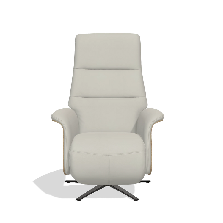 Recliner Atlas 6685 in Leather B506 (light grey), natural wood side panels, black metal base, front view