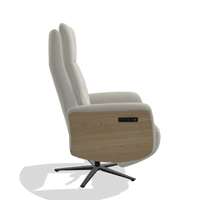 Recliner Atlas 6685 in Leather B506 (light grey), natural wood side panels, black metal base, side view