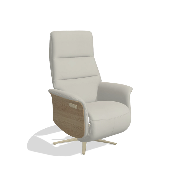 Recliner Atlas 6685 in Leather B506 (light grey), natural wood side panels, champagne metal base, angled view