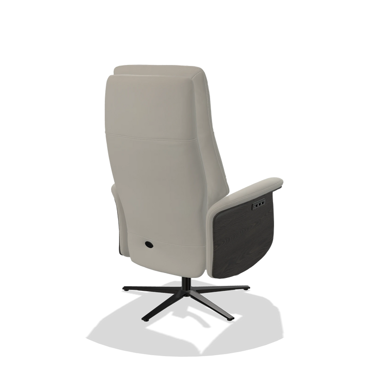 Recliner Atlas 6685 in Leather B506 (light grey), tobacco wood side panels, black metal base, back angled view
