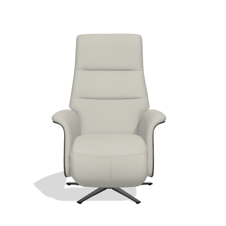 Recliner Atlas 6685 in Leather B506 (light grey), tobacco wood side panels, black metal base, front view