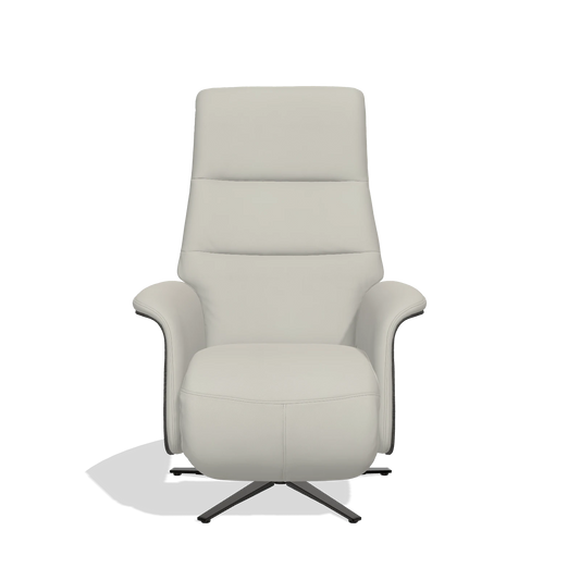 Sillón reclinable Atlas 6685 en Piel B506 (gris claro), paneles laterales de madera en tabaco, base metálica en negro, vista frontal