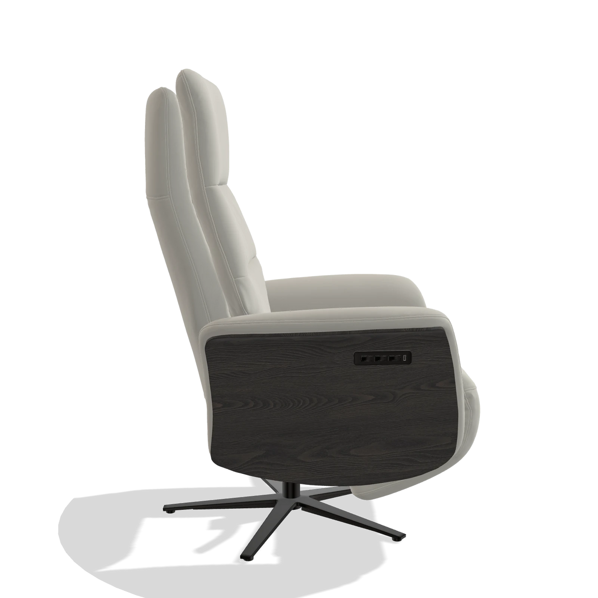 Recliner Atlas 6685 in Leather B506 (light grey), tobacco wood side panels, black metal base, side view