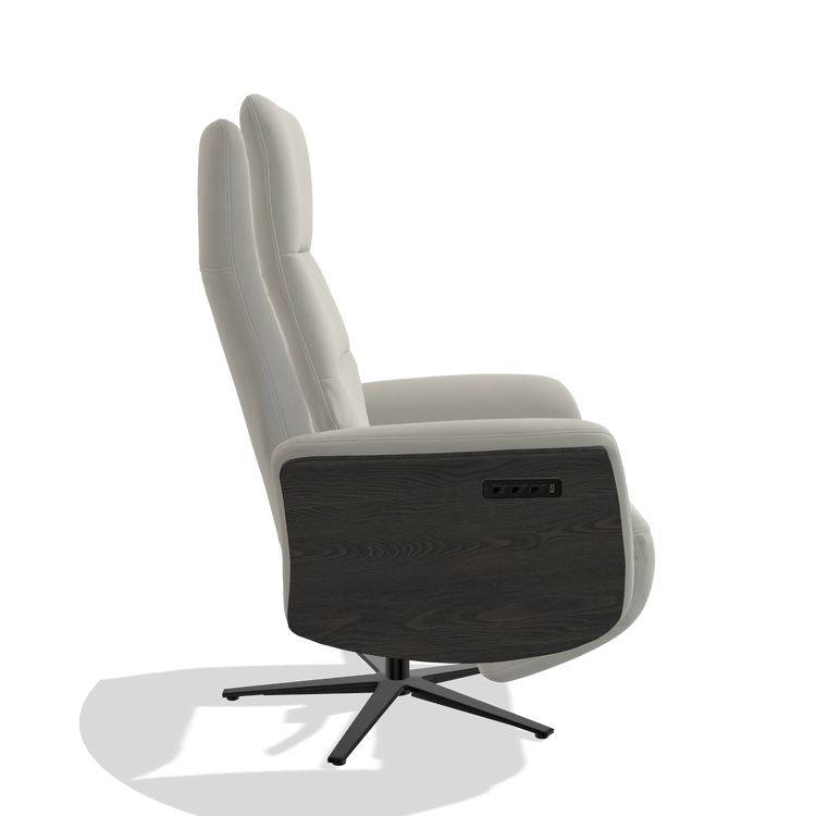 Recliner Atlas 6685 in Leather B506 (light grey), tobacco wood side panels, black metal base, side view