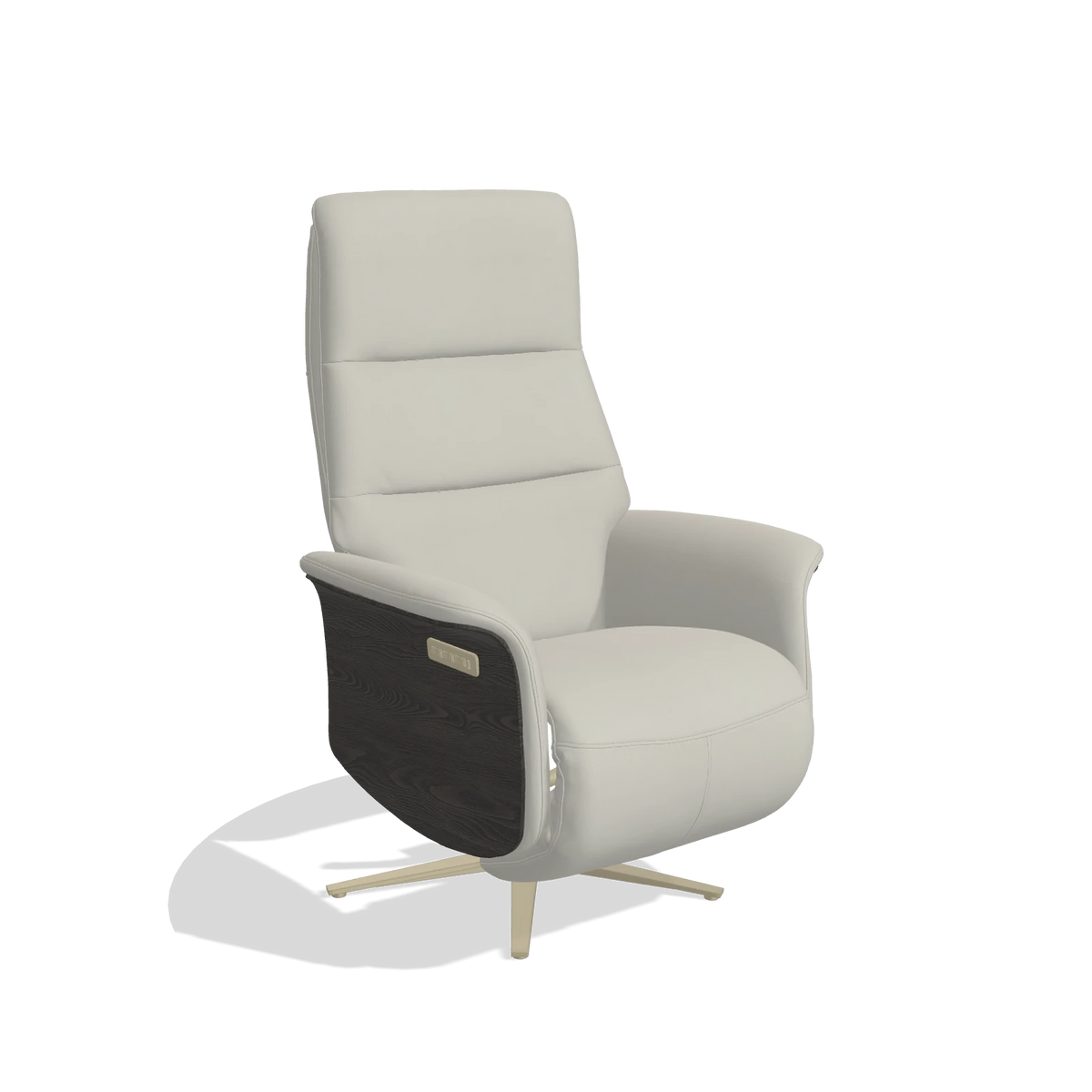 Recliner Atlas 6685 in Leather B506 (light grey), tobacco wood side panels, champagne metal base, angled view