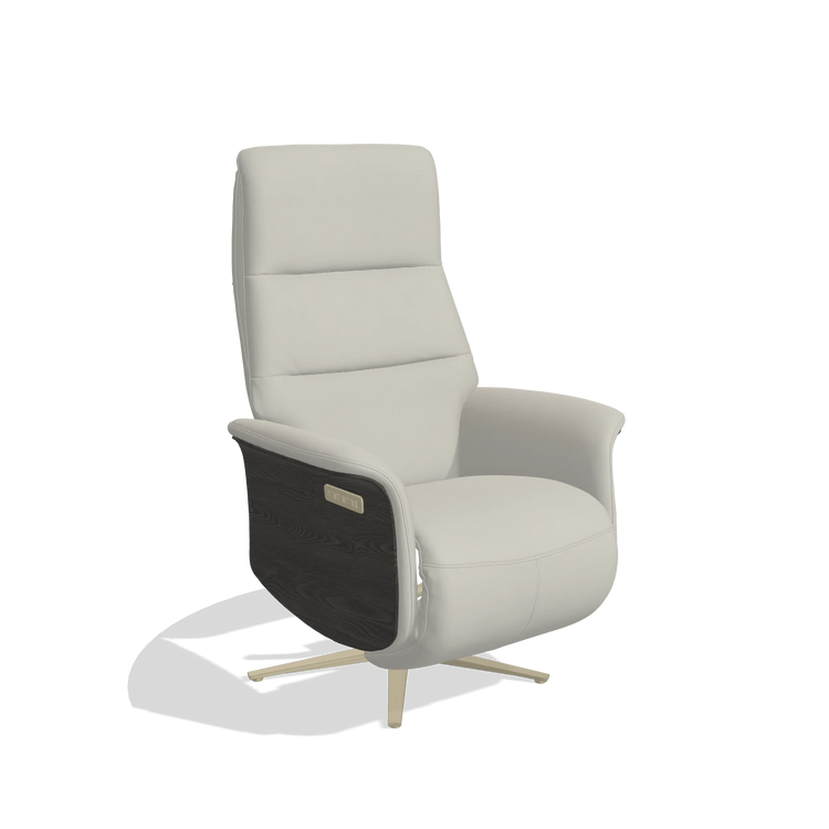 Recliner Atlas 6685 in Leather B506 (light grey), tobacco wood side panels, champagne metal base, angled view