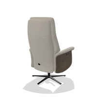 Recliner Atlas 6685 in Leather B506 (light grey), walnut wood side panels, black metal base, back angled view