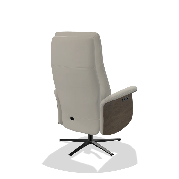 Recliner Atlas 6685 in Leather B506 (light grey), walnut wood side panels, black metal base, back angled view