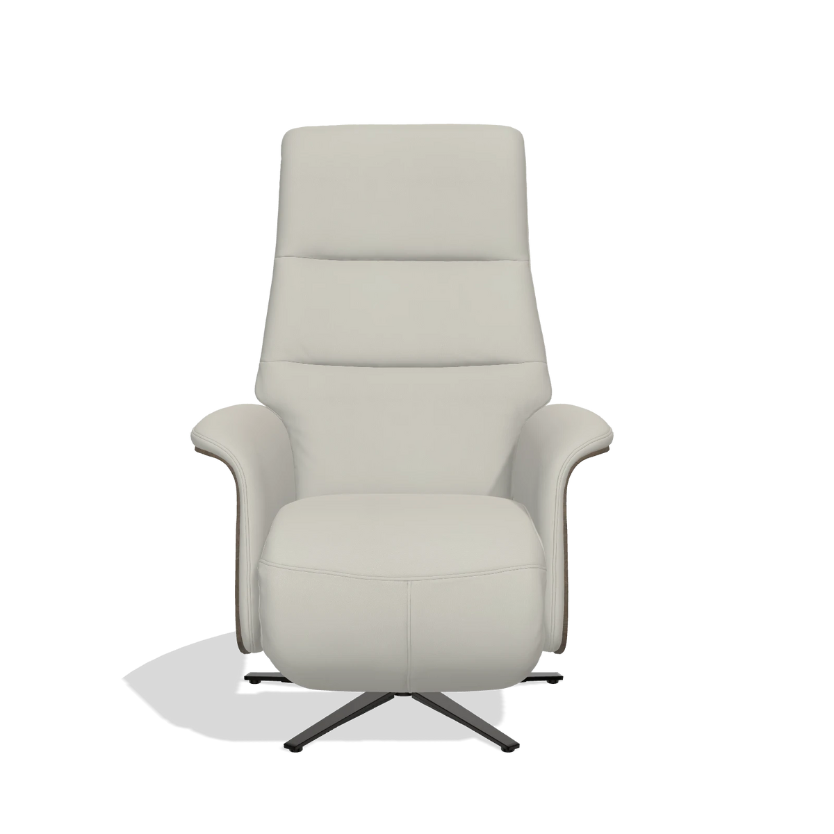 Recliner Atlas 6685 in Leather B506 (light grey), walnut wood side panels, black metal base, front view