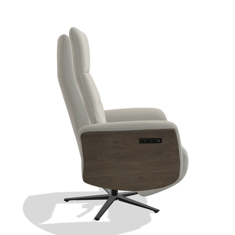 Recliner Atlas 6685 in Leather B506 (light grey), walnut wood side panels, black metal base, side view