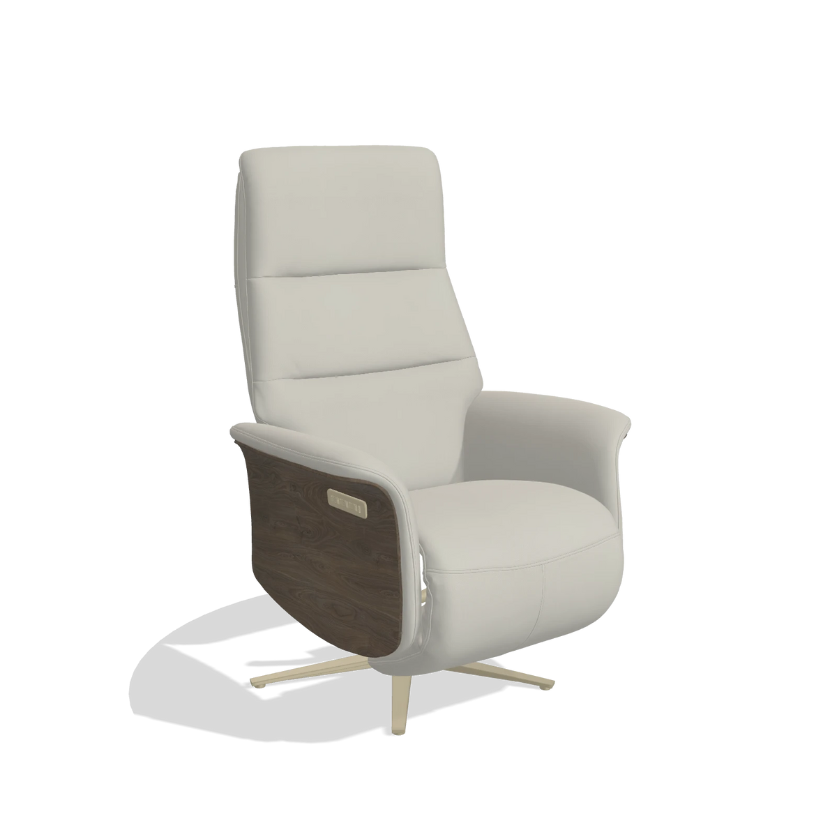 Recliner Atlas 6685 in Leather B506 (light grey), walnut wood side panels, champagne metal base, angled view