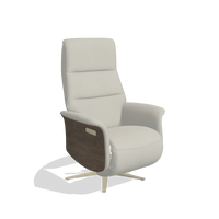 Recliner Atlas 6685 in Leather B506 (light grey), walnut wood side panels, champagne metal base, angled view