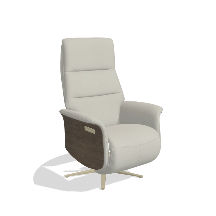 Recliner Atlas 6685 in Leather B506 (light grey), walnut wood side panels, champagne metal base, angled view