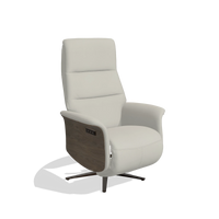 Recliner Atlas 6685 in Leather B506 (light grey), walnut wood side panels, espresso metal base, angled view