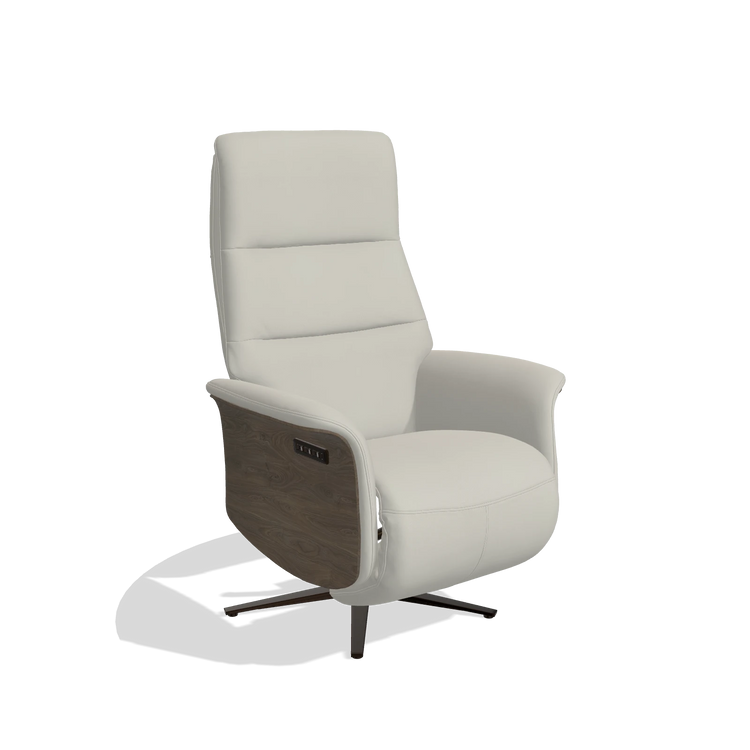 Recliner Atlas 6685 in Leather B506 (light grey), walnut wood side panels, espresso metal base, angled view