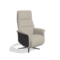 Recliner Atlas 6685 in Leather B514 (light grey), black wood side panels, black metal base, angled view