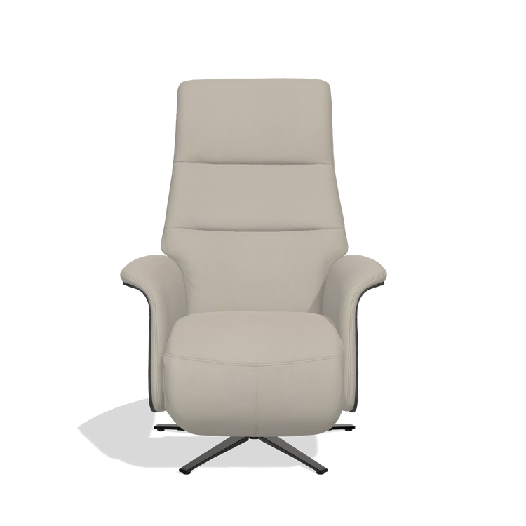 Recliner Atlas 6685 in Leather B514 (light grey), black wood side panels, black metal base, front view