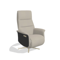 Recliner Atlas 6685 in Leather B514 (light grey), black wood side panels, champagne metal base, angled view