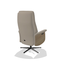 Recliner Atlas 6685 in Leather B514 (light grey), natural wood side panels, black metal base, back angled view