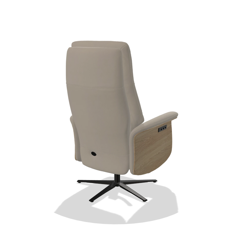 Recliner Atlas 6685 in Leather B514 (light grey), natural wood side panels, black metal base, back angled view