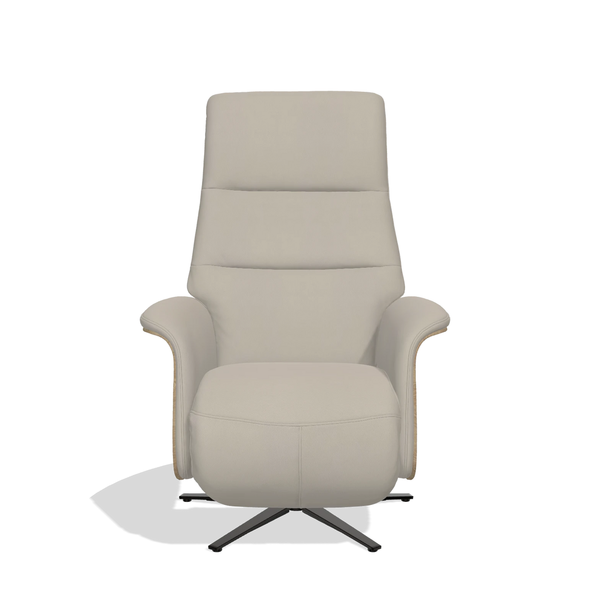 Recliner Atlas 6685 in Leather B514 (light grey), natural wood side panels, black metal base, front view
