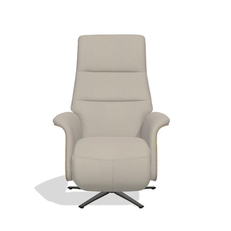 Recliner Atlas 6685 in Leather B514 (light grey), natural wood side panels, black metal base, front view