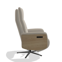 Recliner Atlas 6685 in Leather B514 (light grey), natural wood side panels, black metal base, side view