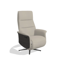 Recliner Atlas 6685 in Leather B514 (light grey), tobacco wood side panels, black metal base, angled view