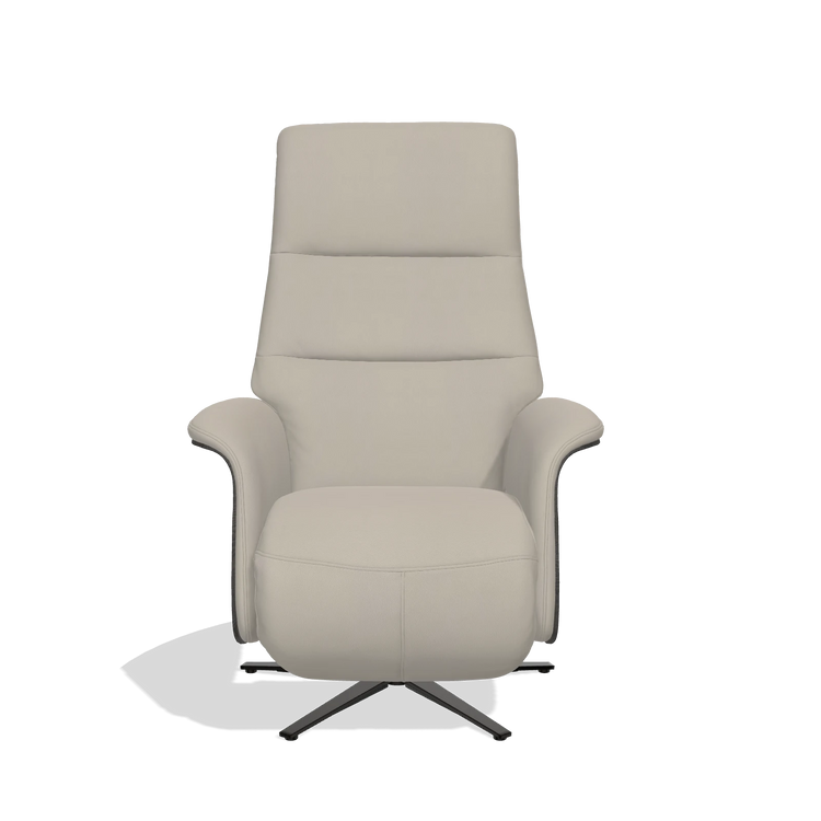 Recliner Atlas 6685 in Leather B514 (light grey), tobacco wood side panels, black metal base, front view