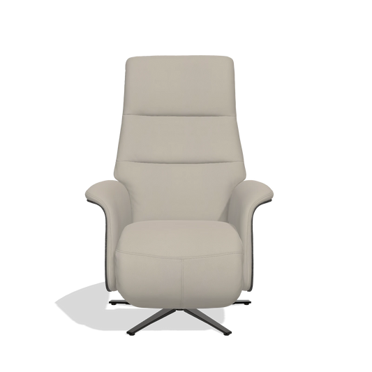 Sillón reclinable Atlas 6685 en Piel B514 (gris claro), paneles laterales de madera en tabaco, base metálica en negro, vista frontal
