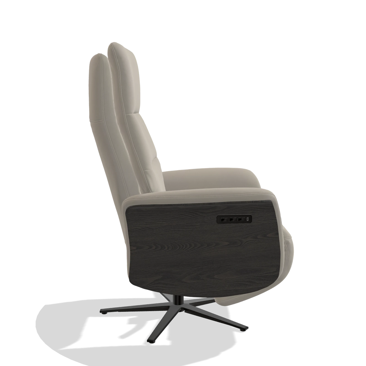 Recliner Atlas 6685 in Leather B514 (light grey), tobacco wood side panels, black metal base, side view