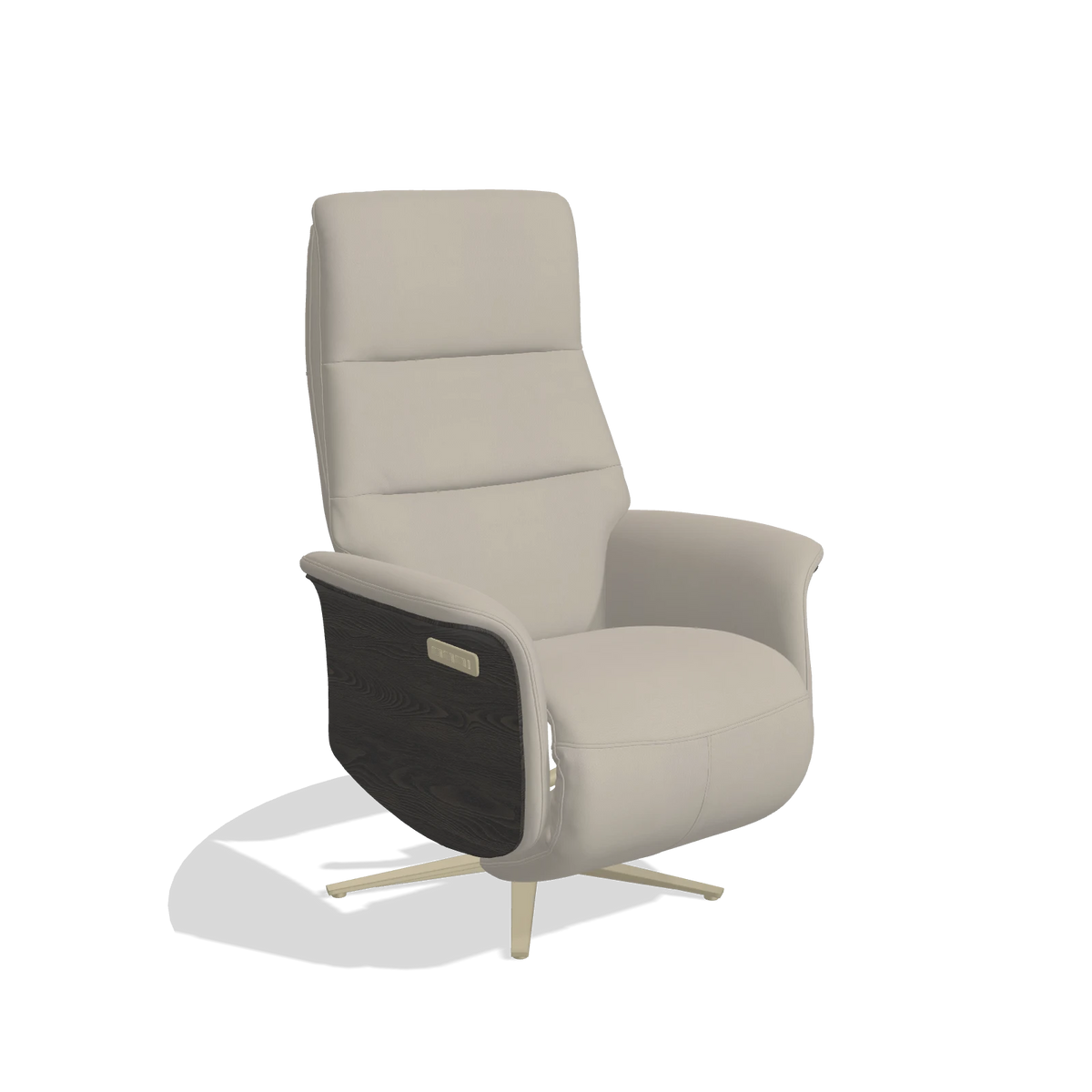 Recliner Atlas 6685 in Leather B514 (light grey), tobacco wood side panels, champagne metal base, angled view