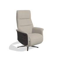 Recliner Atlas 6685 in Leather B514 (light grey), tobacco wood side panels, espresso metal base, angled view