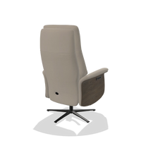 Recliner Atlas 6685 in Leather B514 (light grey), walnut wood side panels, black metal base, back angled view