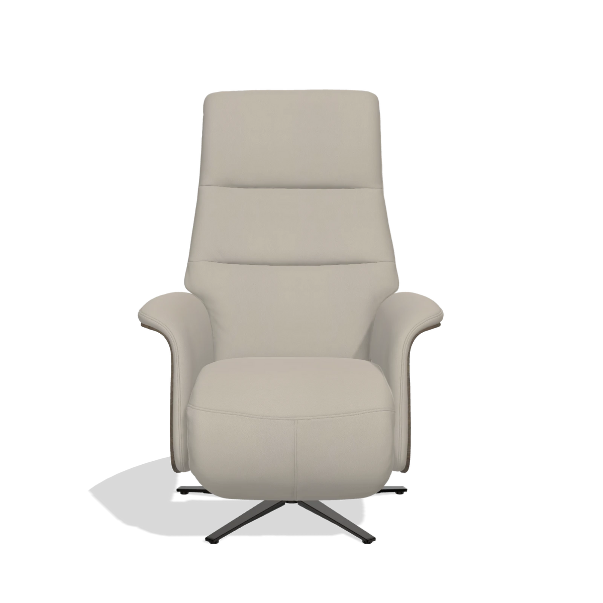 Recliner Atlas 6685 in Leather B514 (light grey), walnut wood side panels, black metal base, front view
