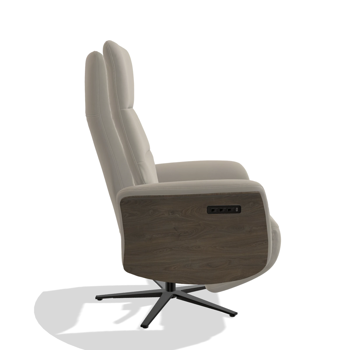 Recliner Atlas 6685 in Leather B514 (light grey), walnut wood side panels, black metal base, side view