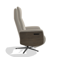 Recliner Atlas 6685 in Leather B514 (light grey), walnut wood side panels, black metal base, side view