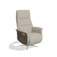 Recliner Atlas 6685 in Leather B514 (light grey), walnut wood side panels, champagne metal base, angled view